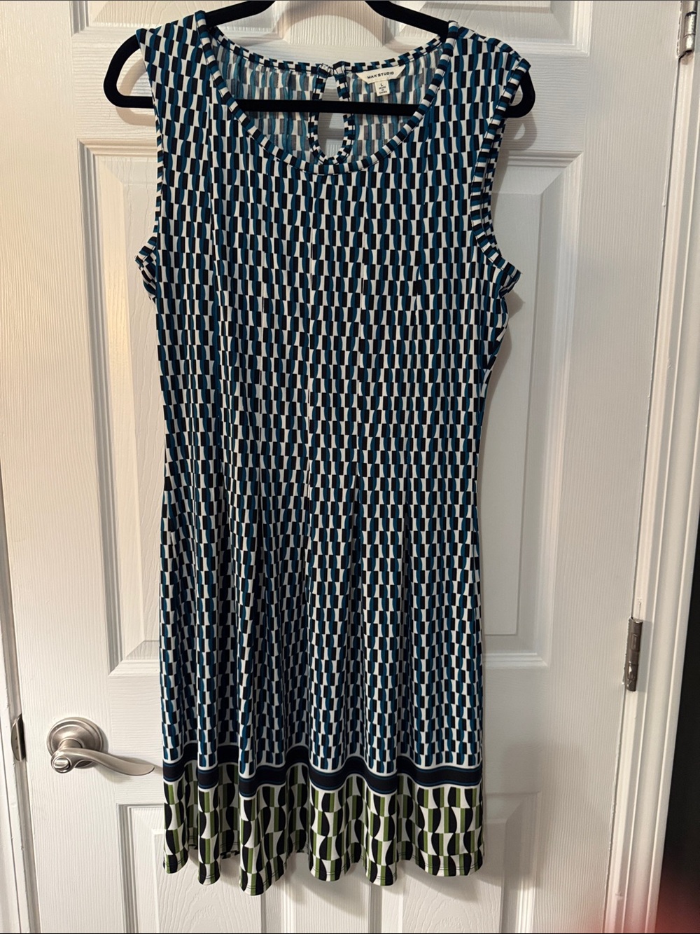 Sleeveless Patterned Fit & Flare Dress in Navy and White with Olive Border- larg